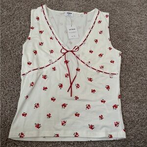Cotton On White Floral Tank with Red Trim